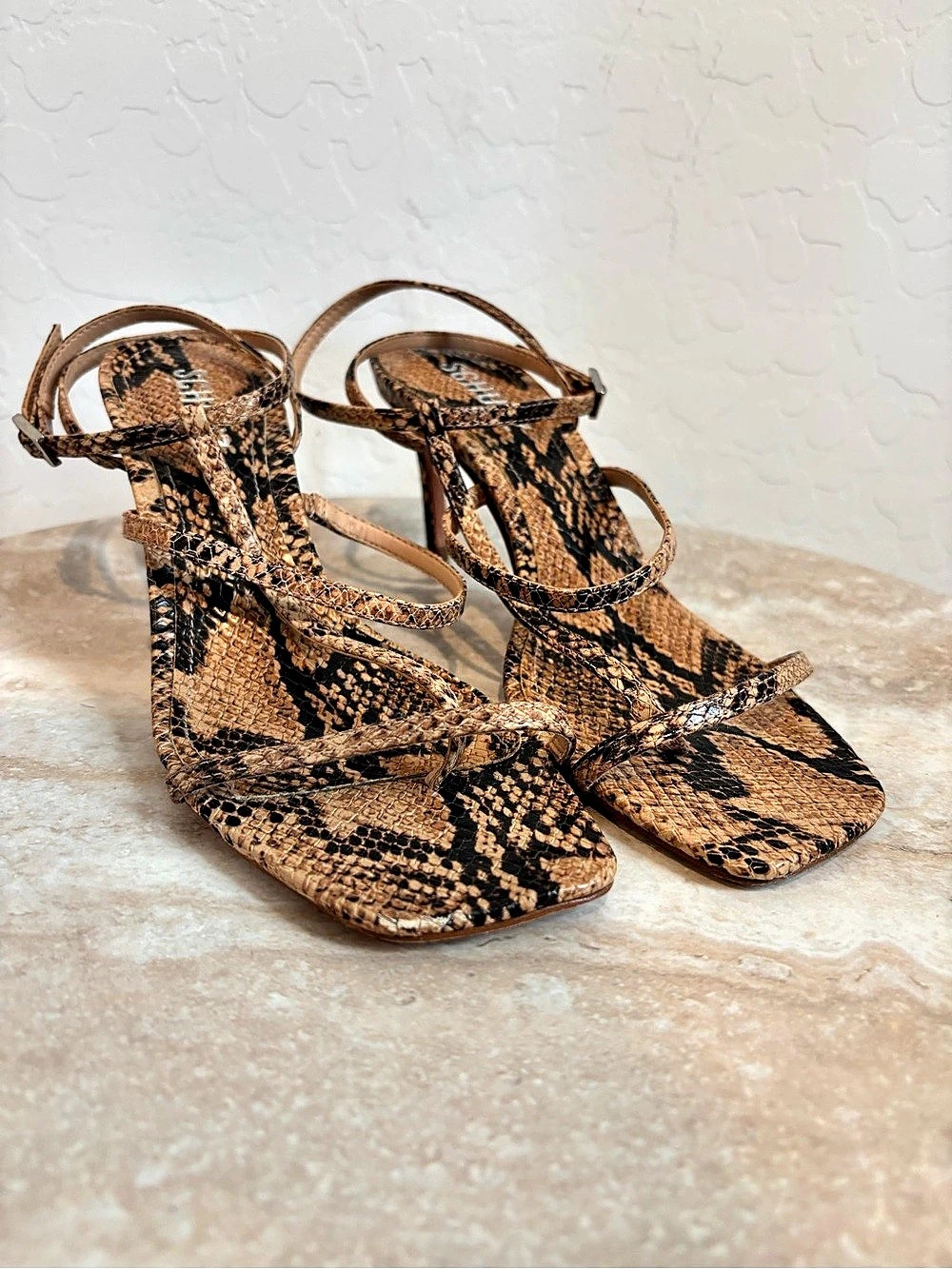Schutz Ameena Snake Print Strappy Heels
